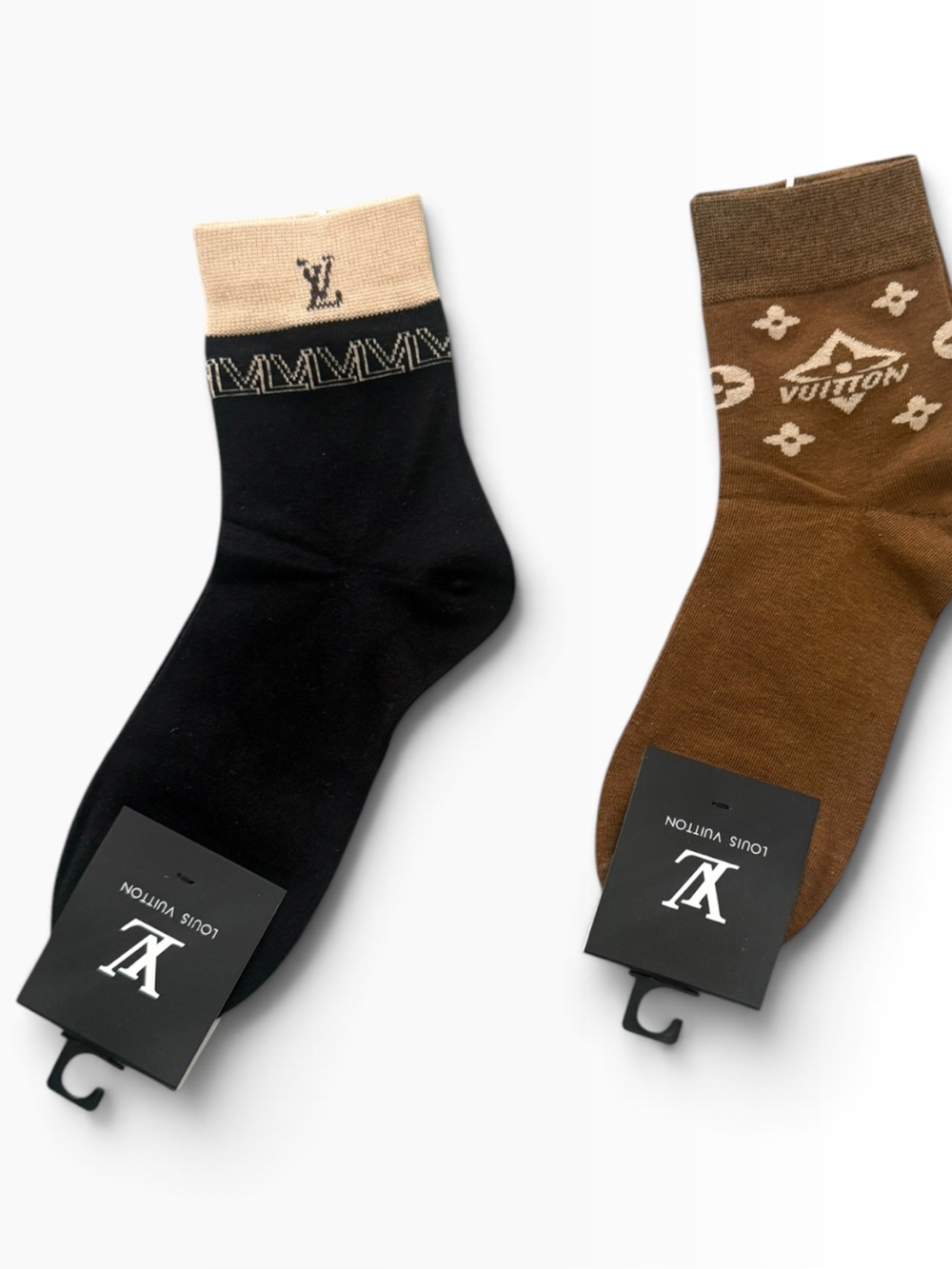 NWT 2 Pair Louis Vuitton Outlet Men’s Monogram Brown and Tan Socks